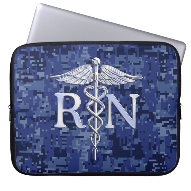 Registered Nurse RN Silber Caduceus Navy Blue Camo Laptop Sleeve (Front)