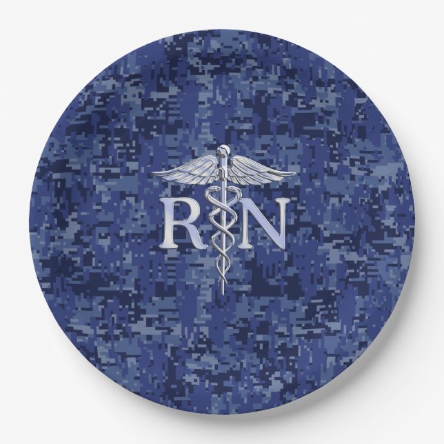 Registered Nurse RN Silber Caduceus Navy Blue Camo Paper Plates (Front)