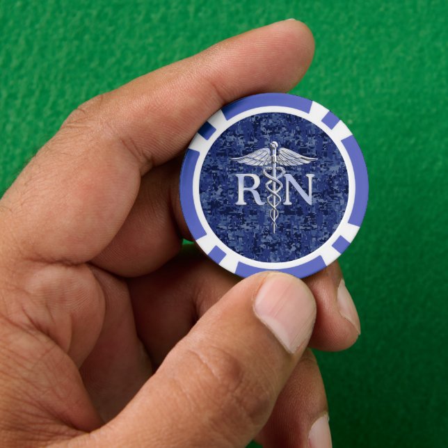 Registered Nurse RN Silber Caduceus Navy Blue Camo Poker Chips (Hand)