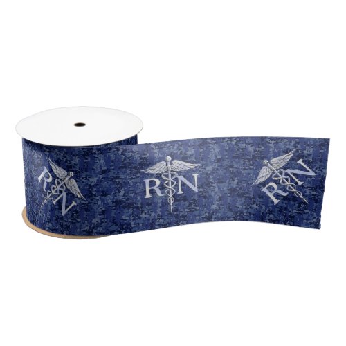 Registered Nurse RN Silber Caduceus Navy Blue Camo Satin Ribbon