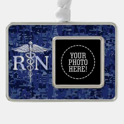 Registered Nurse RN Silber Caduceus Navy Blue Camo Silver Plated Framed Ornament