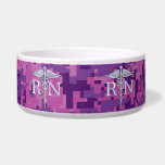 Registered Nurse RN Silver Caduceus Fuchsia Camo Bowl<br><div class="desc">The Symbolic Chrome Style Caduceus Medical Symbol design presented here on a fuchsia pink digital camouflage background. The caduceus snakes is designed to look like it is made of chrome. Good for a graduation occasion, a statement for your profession, or for a gift with that medical look your are looking...</div>