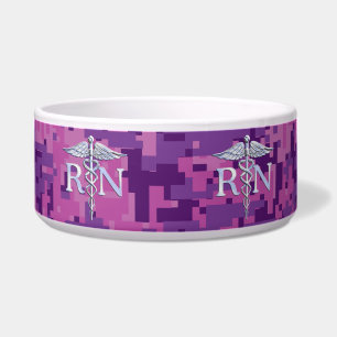 Registered Nurse RN Silver Caduceus Fuchsia Camo Bowl