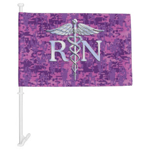 Registered Nurse RN Silver Caduceus Fuchsia Camo Car Flag