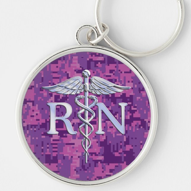 Registered Nurse RN Silver Caduceus Fuchsia Camo Keychain (Front)