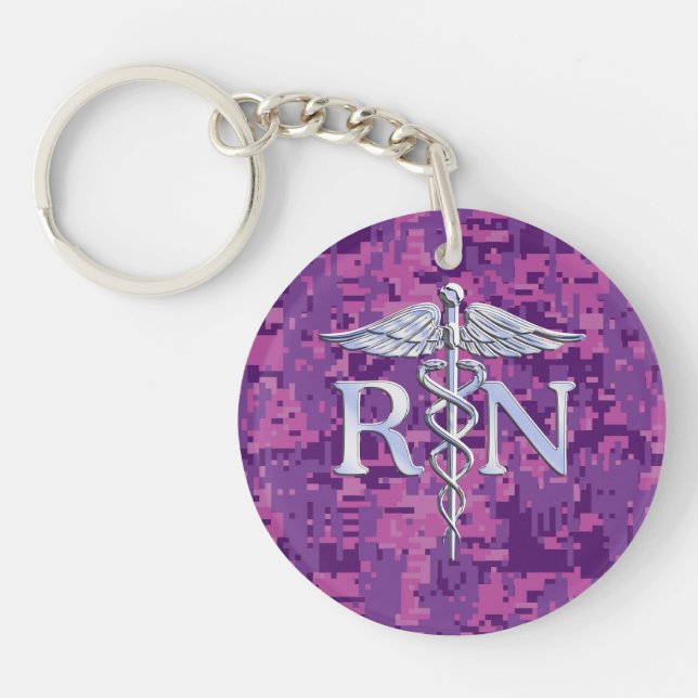 Registered Nurse RN Silver Caduceus Fuchsia Camo Keychain (Front)