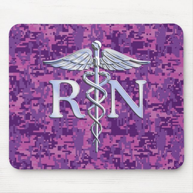 Registered Nurse RN Silver Caduceus Fuchsia Camo Mouse Pad (Front)