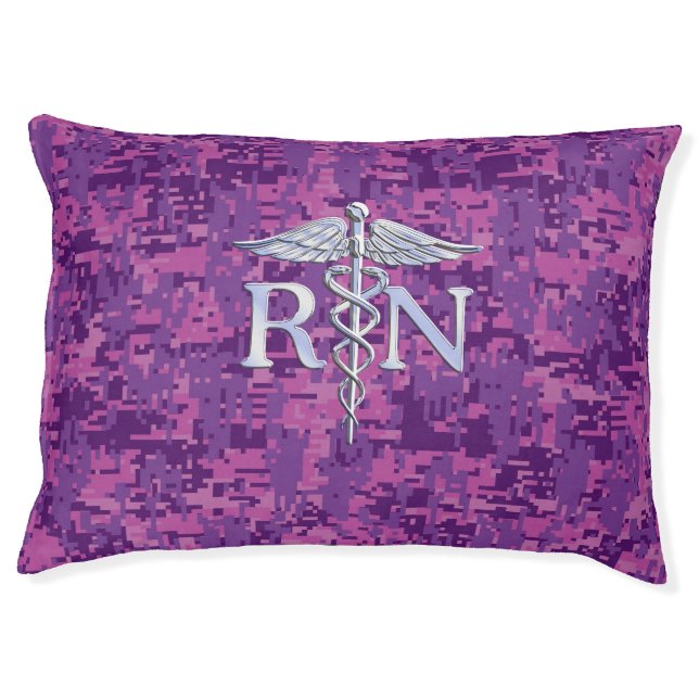 Registered Nurse RN Silver Caduceus Fuchsia Camo Pet Bed (Front)