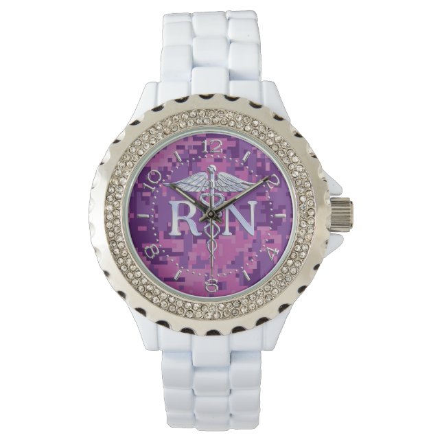 Registered Nurse RN Silver Caduceus Fuchsia Watch (Front)