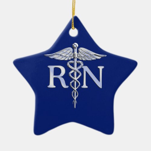 Registered Nurse RN Silver Caduceus Navy Blue deco Ceramic Ornament
