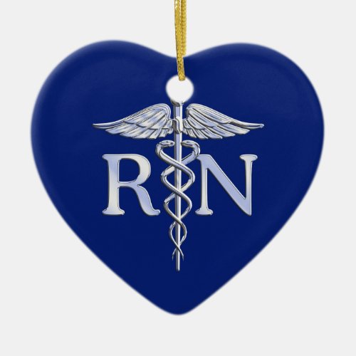 Registered Nurse RN Silver Caduceus Navy Blue deco Ceramic Ornament