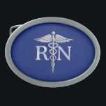Registered Nurse RN Silver Caduceus Navy Blue deco Oval Belt Buckle<br><div class="desc">The Symbolic Chrome Like Caduceus Medical Symbol design presented here on a navy blue background. The caduceus snakes is designed to look like it is made of chrome. Good for a graduation occasion, a statement for your profession, or for a gift with that medical look your are looking for. Here's...</div>