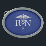 Registered Nurse RN Silver Caduceus Navy Blue deco Oval Belt Buckle<br><div class="desc">The Symbolic Chrome Like Caduceus Medical Symbol design presented here on a navy blue background. The caduceus snakes is designed to look like it is made of chrome. Good for a graduation occasion, a statement for your profession, or for a gift with that medical look your are looking for. Here's...</div>