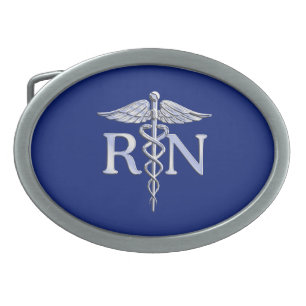 Registered Nurse RN Silver Caduceus Navy Blue deco Oval Belt Buckle