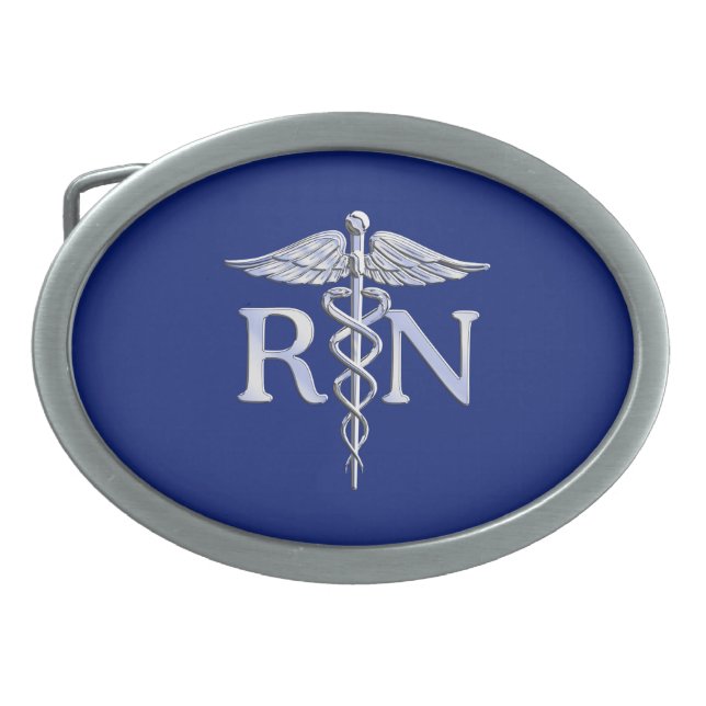 Registered Nurse RN Silver Caduceus Navy Blue deco Oval Belt Buckle (Front)