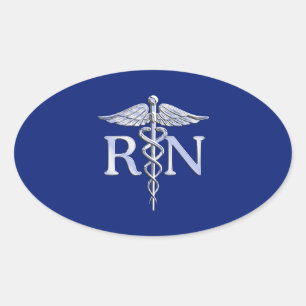 Registered Nurse RN Silver Caduceus Navy Blue deco Oval Sticker