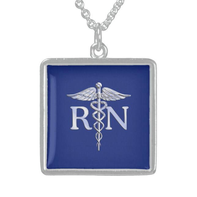 Registered Nurse RN Silver Caduceus Navy Blue deco Sterling Silver Necklace (Front)
