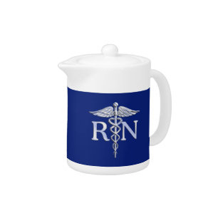 Registered Nurse RN Silver Caduceus Navy Blue deco Teapot