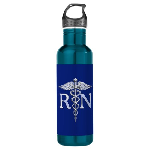 Registered Nurse RN Silver Caduceus Navy Blue deco Water Bottle