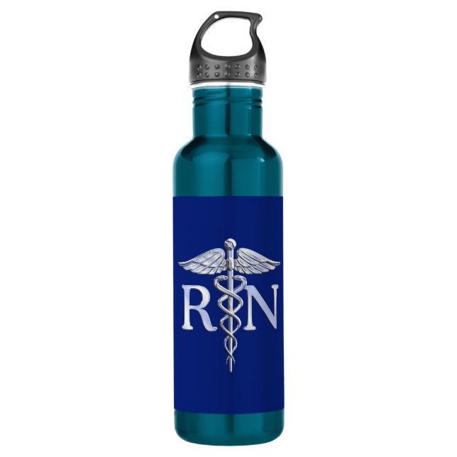 Registered Nurse RN Silver Caduceus Navy Blue deco Water Bottle (Front)