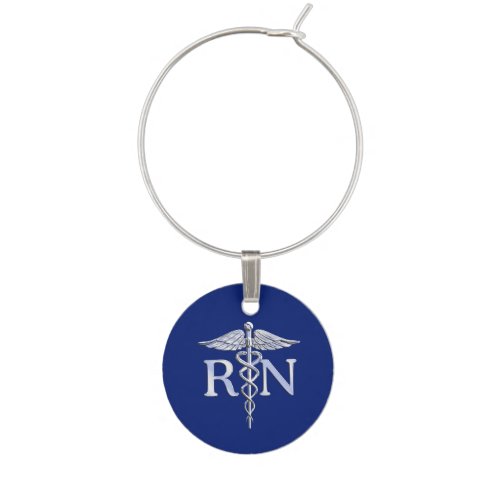 Registered Nurse RN Silver Caduceus Navy Blue deco Wine Glass Charm