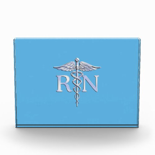 Registered Nurse RN Silver Caduceus on Baby Blue Acrylic Award