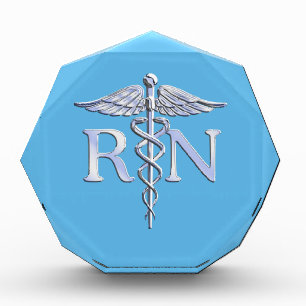 Registered Nurse RN Silver Caduceus on Baby Blue Acrylic Award