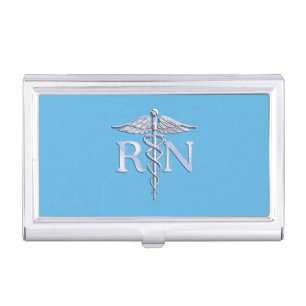 Registered Nurse RN Silver Caduceus on Baby Blue Business Card Case