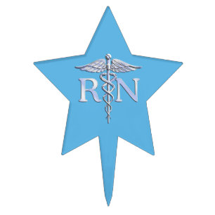 Registered Nurse RN Silver Caduceus on Baby Blue Cake Topper