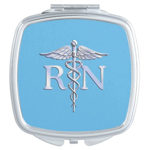 Registered Nurse RN Silver Caduceus on Baby Blue Compact Mirror