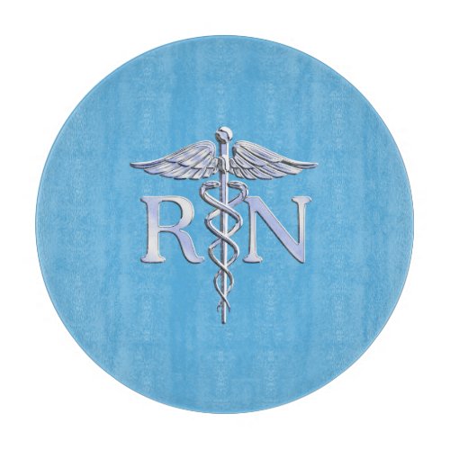 Registered Nurse RN Silver Caduceus on Baby Blue Cutting Board