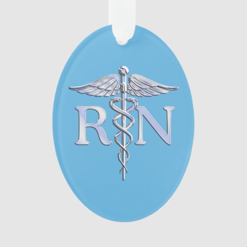 Registered Nurse RN Silver Caduceus on Baby Blue Ornament
