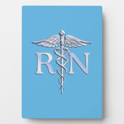 Registered Nurse RN Silver Caduceus on Baby Blue Plaque
