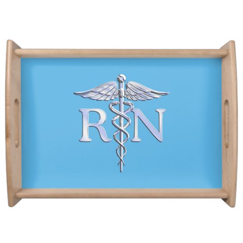 Registered Nurse RN Silver Caduceus on Baby Blue Serving Tray