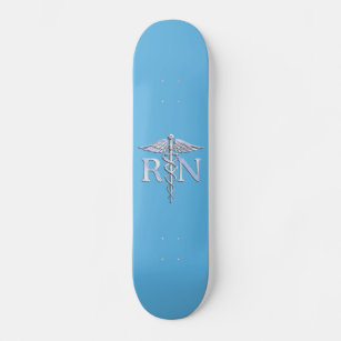 Registered Nurse RN Silver Caduceus on Baby Blue Skateboard Deck