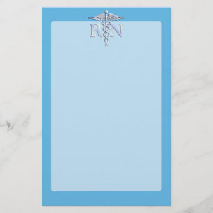 Registered Nurse RN Silver Caduceus on Baby Blue Stationery