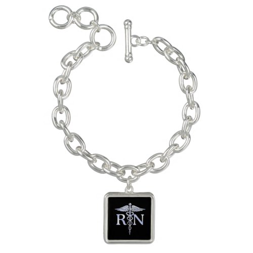 Registered Nurse RN Silver Caduceus on Black Bracelet