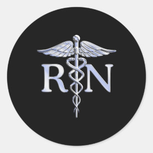 Registered Nurse RN Silver Caduceus on Black Classic Round Sticker