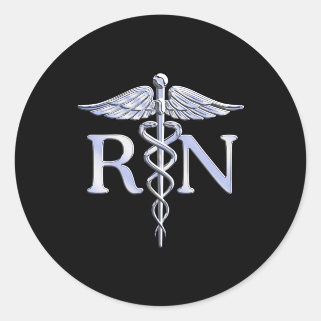 Registered Nurse RN Silver Caduceus on Black Classic Round Sticker (Front)