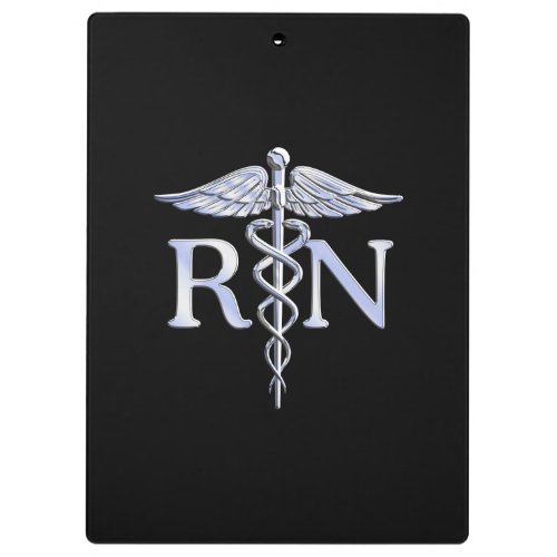 Registered Nurse RN Silver Caduceus on Black Clipboard