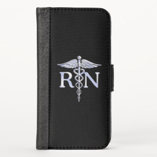 Registered Nurse RN Silver Caduceus on Black iPhone X Wallet Case