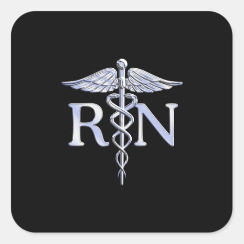 Registered Nurse RN Silver Caduceus on Black Square Sticker