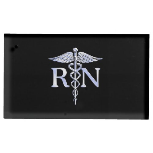Registered Nurse RN Silver Caduceus on Black Table Card Holder