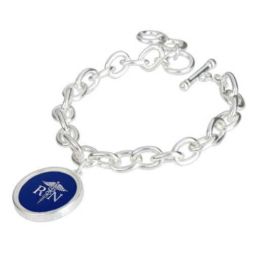 Registered Nurse RN Silver Caduceus on Navy Blue Bracelet