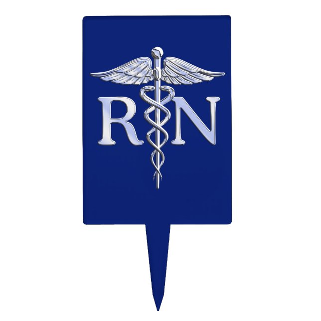 Registered Nurse RN Silver Caduceus on Navy Blue Cake Topper (Front)
