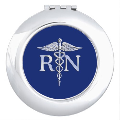 Registered Nurse RN Silver Caduceus on Navy Blue Compact Mirror