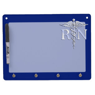 Registered Nurse RN Silver Caduceus on Navy Blue Dry Erase Board With Keychain Holder
