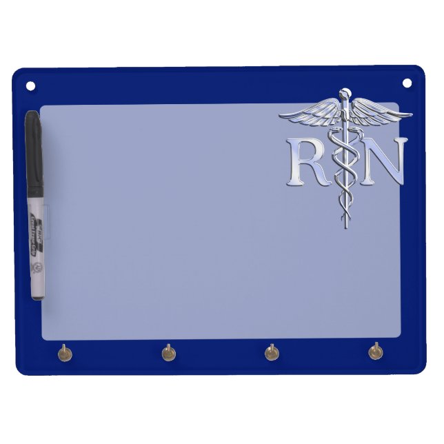 Registered Nurse RN Silver Caduceus on Navy Blue Dry Erase Board With Keychain Holder (Front)