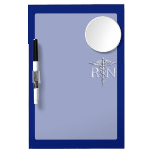 Registered Nurse RN Silver Caduceus on Navy Blue Dry Erase Board With Mirror