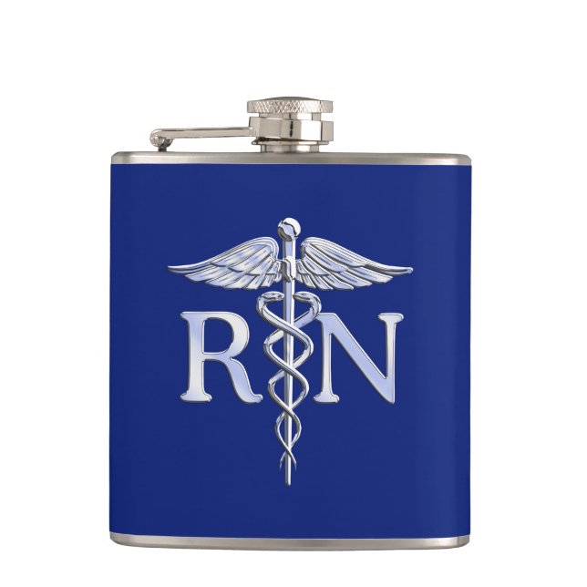 Registered Nurse RN Silver Caduceus on Navy Blue Hip Flask (Front)